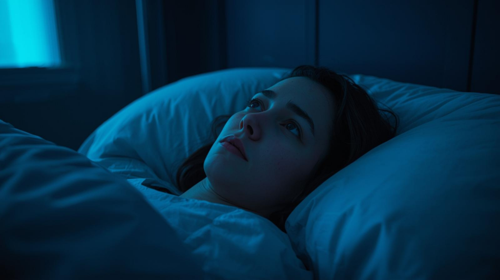 Femeie trează în pat noaptea, cu expresie de neliniște, sugerând anxietate și dificultăți de somn